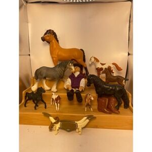 Toy Horse Lot of 8 Plastic Mixed Lot with wooden rider One Is A Schleich
